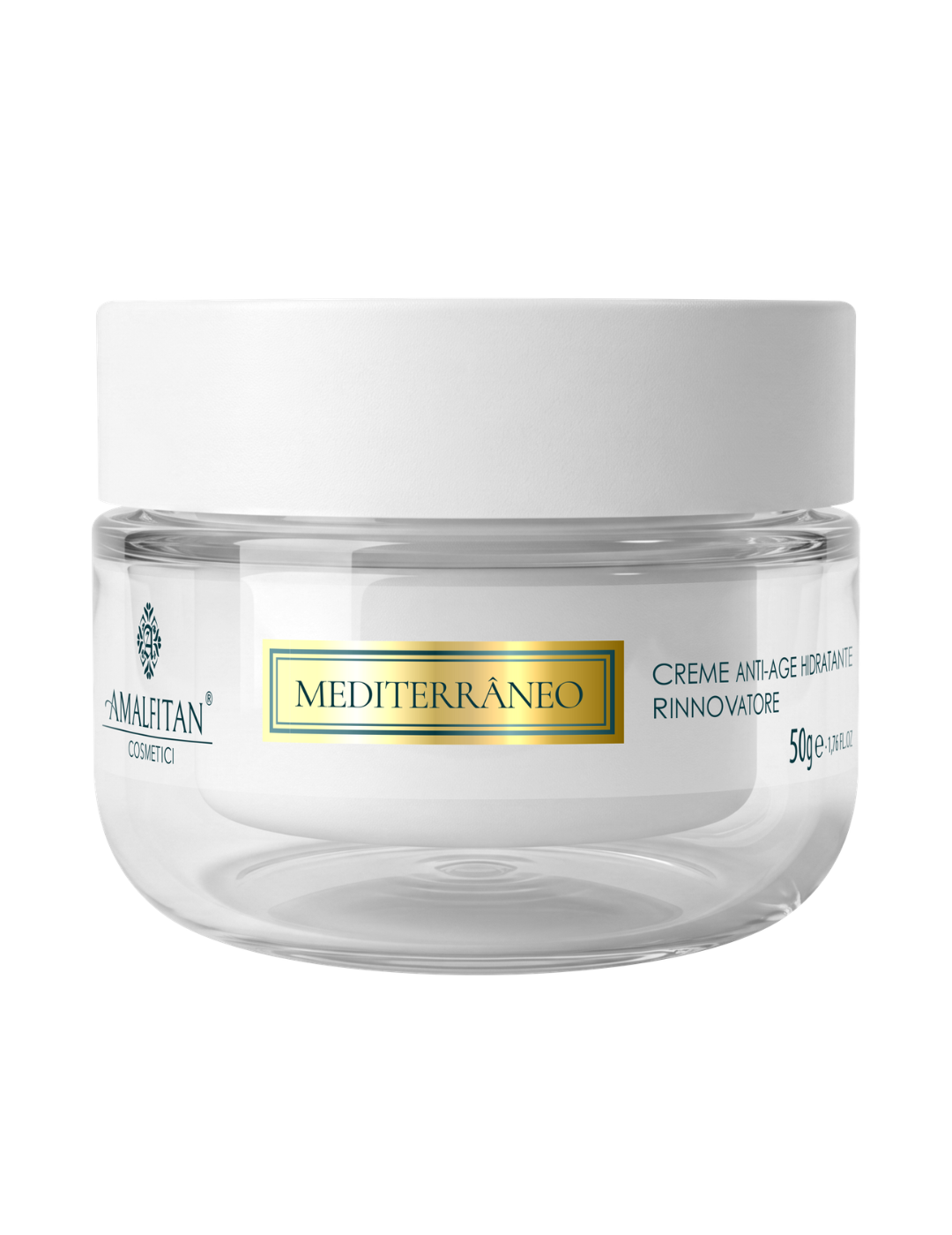 Pote de Creme Anti-Age Hidratante Rinnovatore Mediterrâneo da Amalfitan Cosmetici de 50g em frasco transparente com tampa branca.