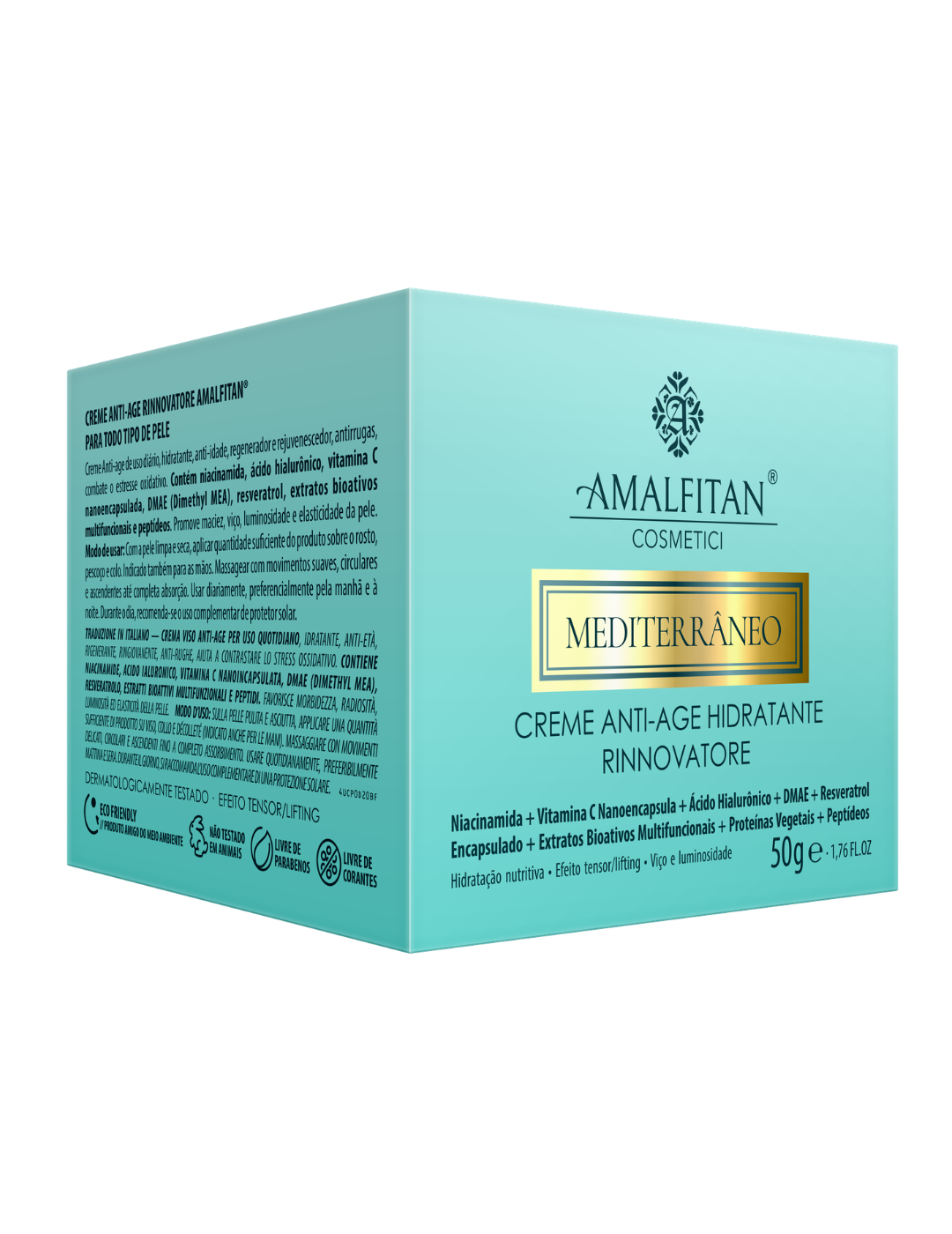 Caixa do Creme Anti-Age Hidratante Rinnovatore Mediterrâneo da Amalfitan Cosmetici de 50g, destacando a fórmula com Niacinamida, Vitamina C Nanoencapsulada, Ácido Hialurónico e DMAE.