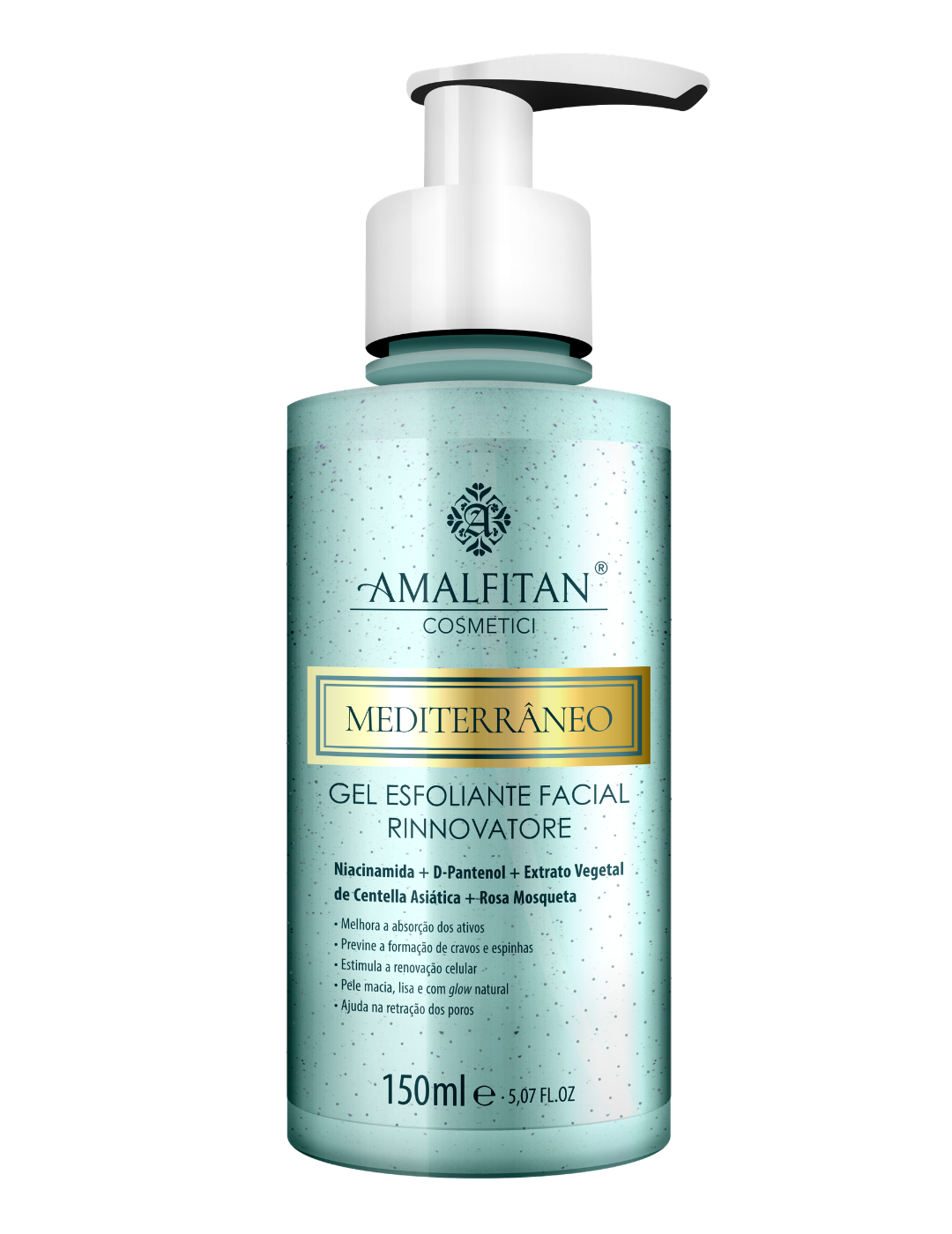 Frasco com dosador pump do Gel Esfoliante Facial Rinnovatore Mediterrâneo Amalfitan de 150ml, formulado com Niacinamida, D-Pantenol, Centella Asiática e Rosa Mosqueta.