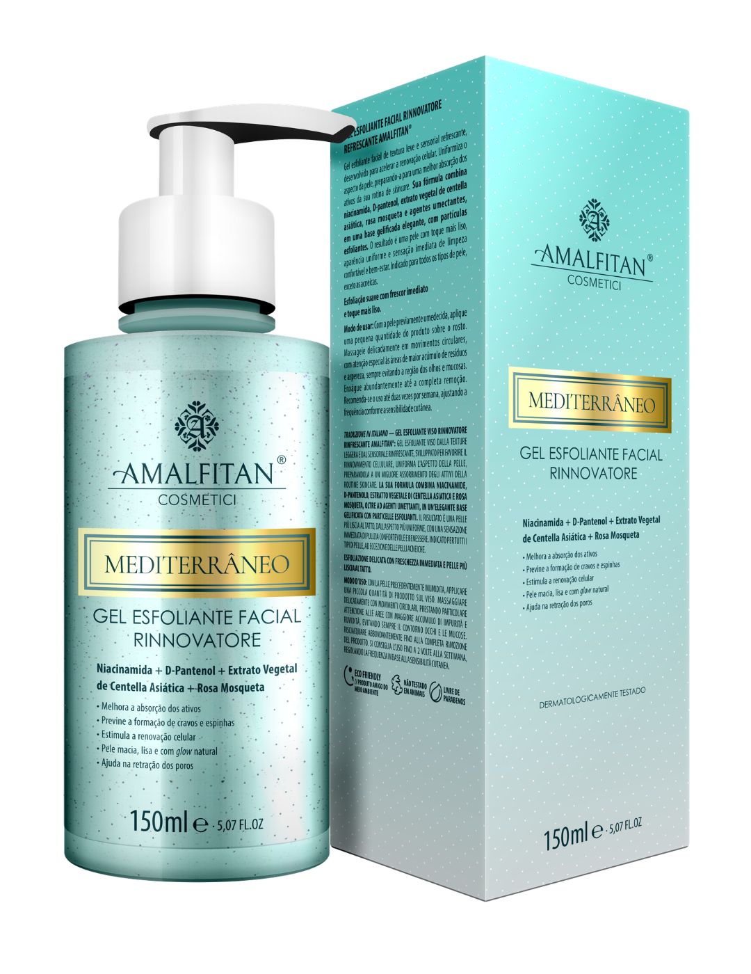 Frasco e caixa do Gel Esfoliante Facial Rinnovatore Amalfitan Cosmetici de 150ml, indicado para renovação celular e prevenção de cravos e espinhas.