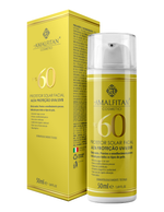 Frasco e caixa do Protetor Solar Facial FPS 60 Amalfitan Cosmetici de 50ml, resistente à água e ao suor para prevenção do envelhecimento precoce.
