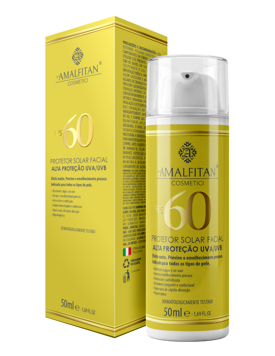 Frasco e caixa do Protetor Solar Facial FPS 60 Amalfitan Cosmetici de 50ml, resistente à água e ao suor para prevenção do envelhecimento precoce.