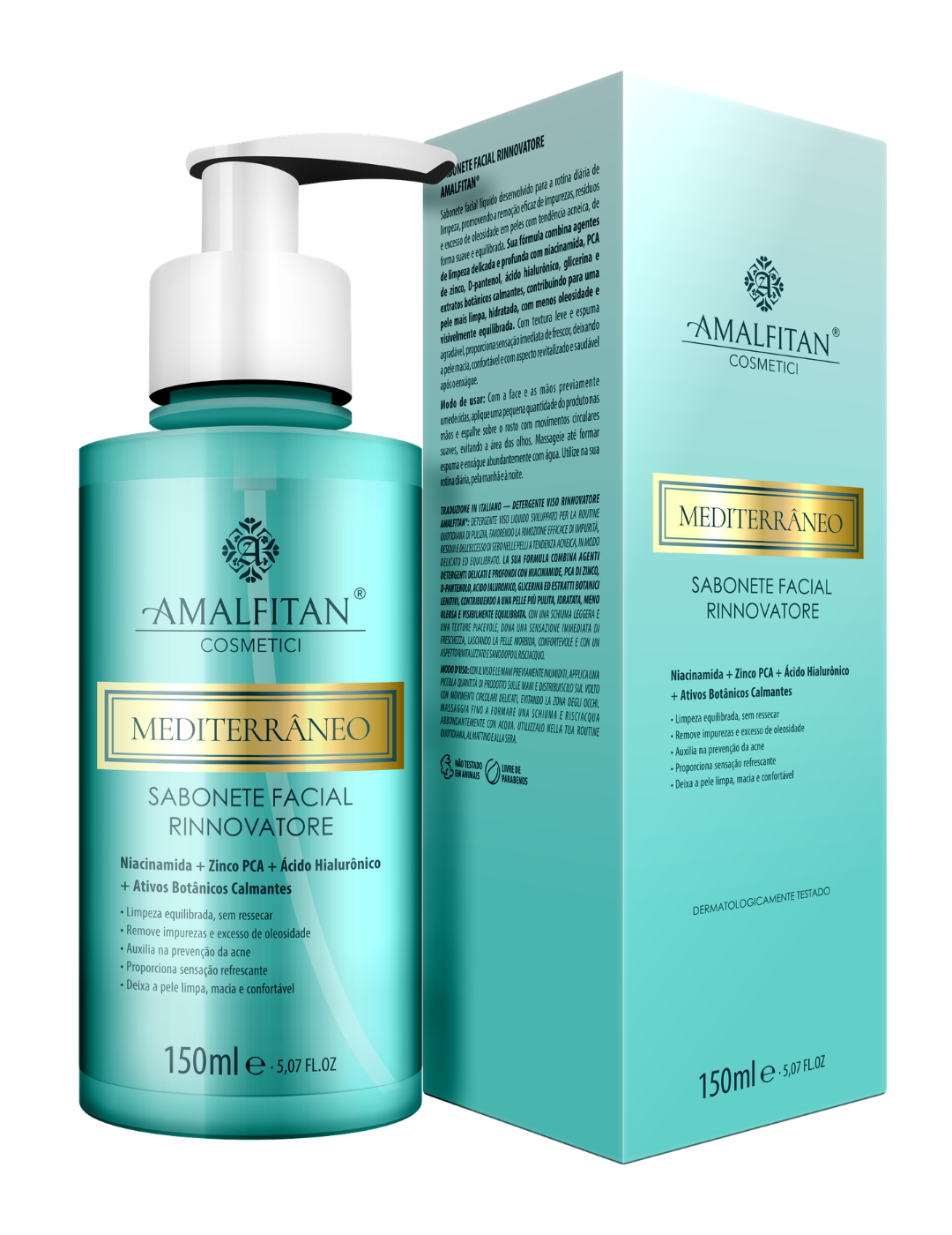 Frasco e caixa do Sabonete Facial Rinnovatore Amalfitan Cosmetici de 150ml, indicado para limpeza equilibrada, prevenção da acne e controlo da oleosidade.