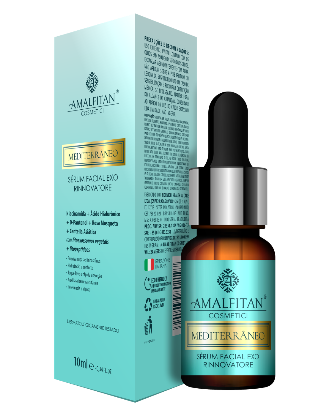 Frasco e caixa do Sérum Facial Exo Rinnovatore Amalfitan Cosmetici de 10ml, com fórmula contendo fitoexossomos vegetais, fitopeptídeos, Niacinamida e Ácido Hialurónico.