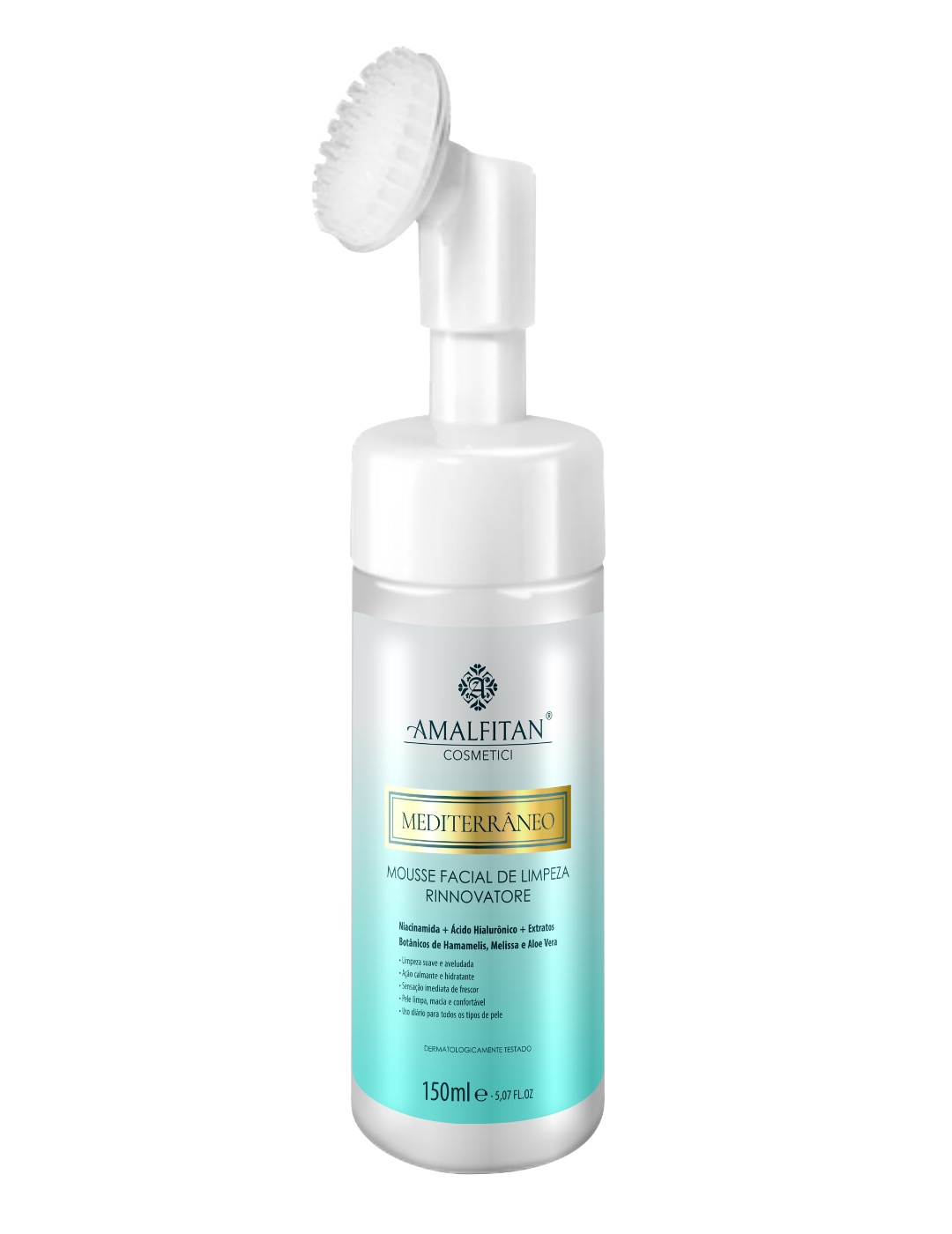 Frasco do Mousse Facial de Limpeza Rinnovatore Mediterrâneo Amalfitan de 150ml com escova de silicone aplicadora, com Niacinamida, Ácido Hialurónico e Extratos Botânicos.