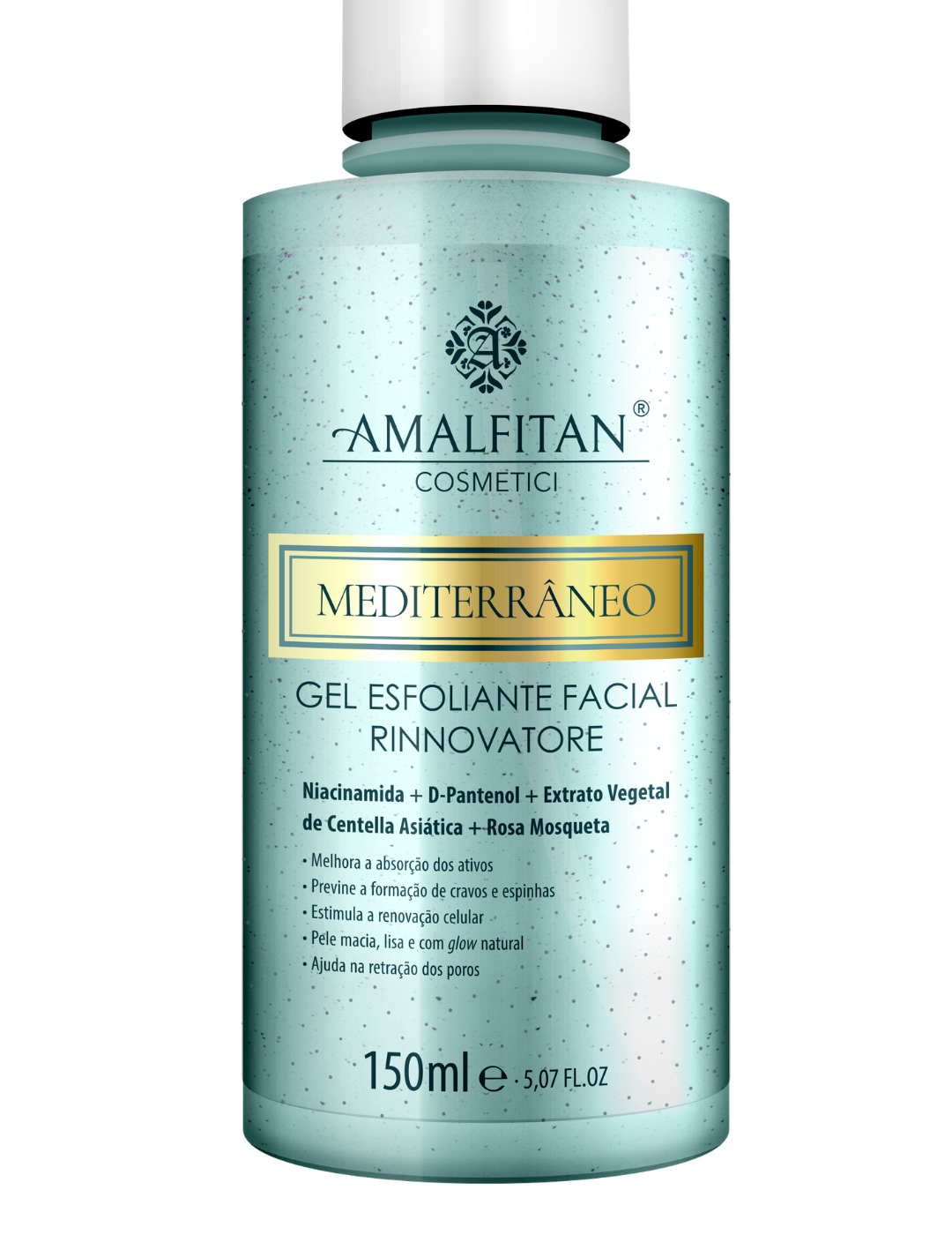 Detalhe do rótulo do Gel Esfoliante Facial Rinnovatore Amalfitan, destacando os benefícios para a retração dos poros e o tom de pele com glow natural.