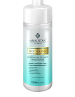 Rótulo detalhado do Mousse Facial de Limpeza Rinnovatore Amalfitan, destacando os ingredientes Hamamelis, Melissa e Aloe Vera para limpeza suave e ação calmante.
