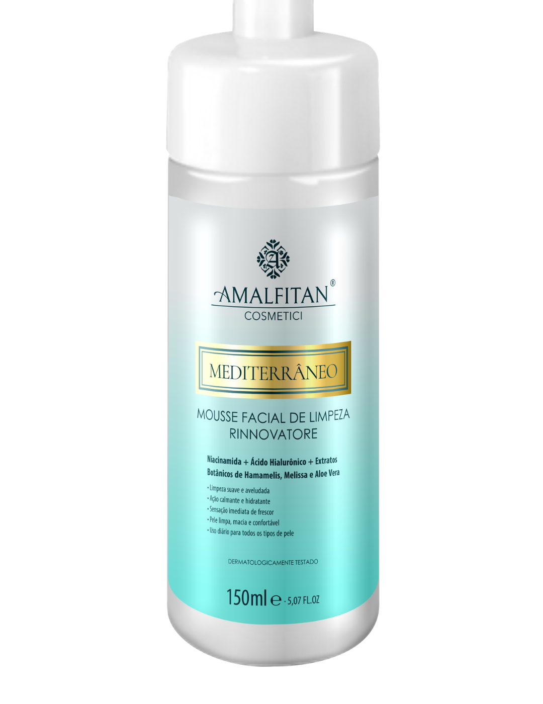 Rótulo detalhado do Mousse Facial de Limpeza Rinnovatore Amalfitan, destacando os ingredientes Hamamelis, Melissa e Aloe Vera para limpeza suave e ação calmante.