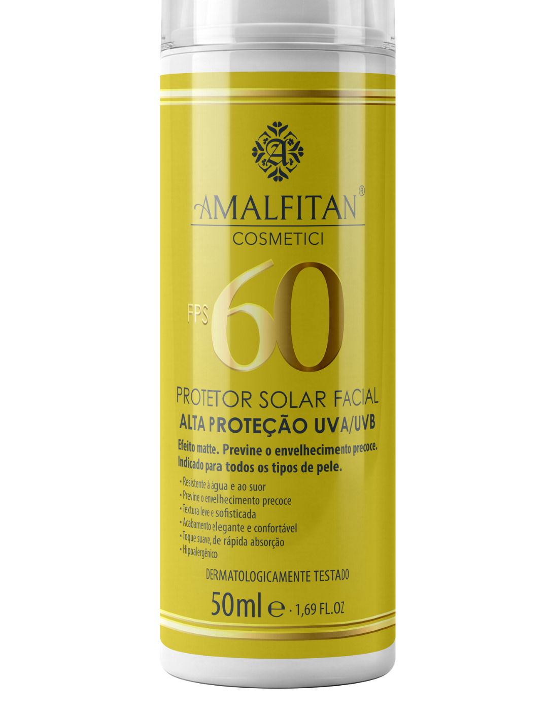 Detalhe do rótulo do Protetor Solar Facial FPS 60 Amalfitan, destacando o efeito matte, fórmula hipoalergénica e toque seco de rápida absorção.