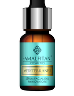 Detalhe do rótulo do Sérum Facial Exo Rinnovatore Mediterrâneo Amalfitan, sérum de tratamento para suavizar rugas e linhas finas.