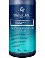 Rótulo detalhado da Solução Antifoliculite Rinnovatore Amalfitan, destacando a fórmula com Ácido Salicílico BHA, indicação unissex e benefícios para pelos encravados.