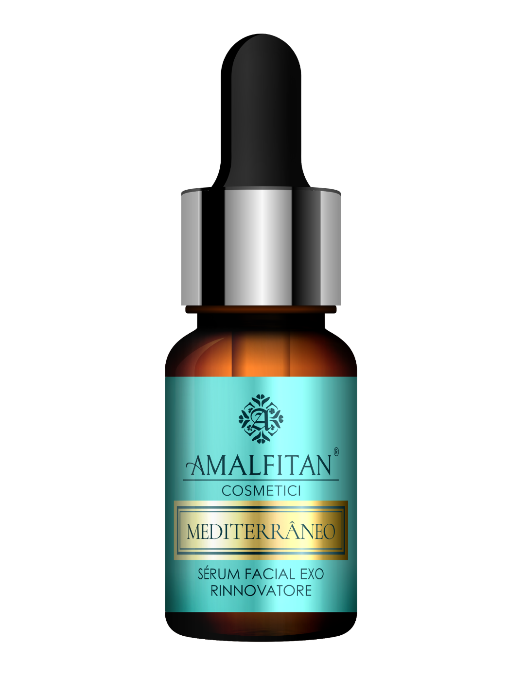 Frasco conta-gotas de vidro âmbar do Sérum Facial Exo Rinnovatore Mediterrâneo da Amalfitan Cosmetici de 10ml.