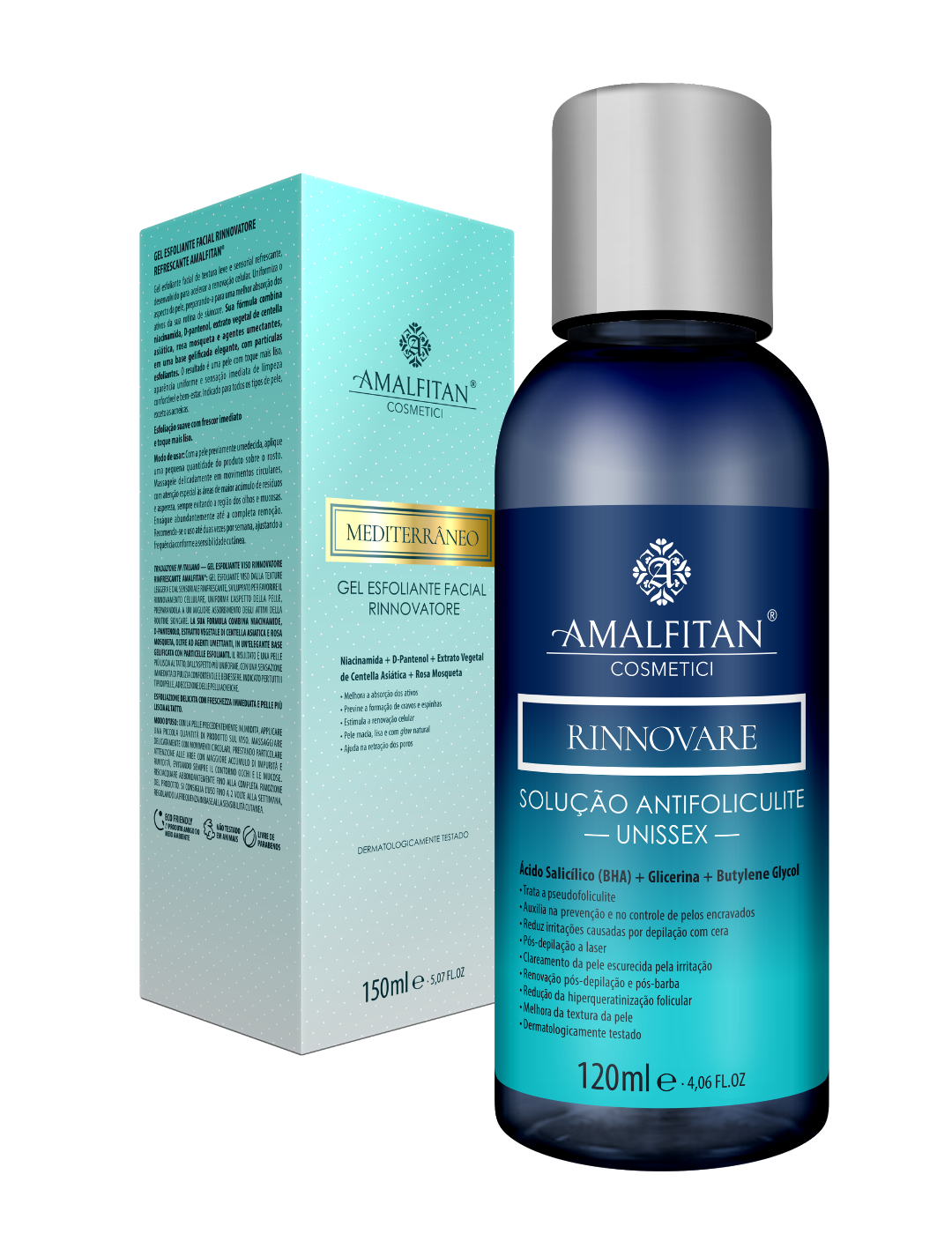 Kit de tratamento facial com Solução Antifoliculite Unissex de 120ml e Gel Esfoliante Facial Rinnovatore da marca Amalfitan Cosmetici.