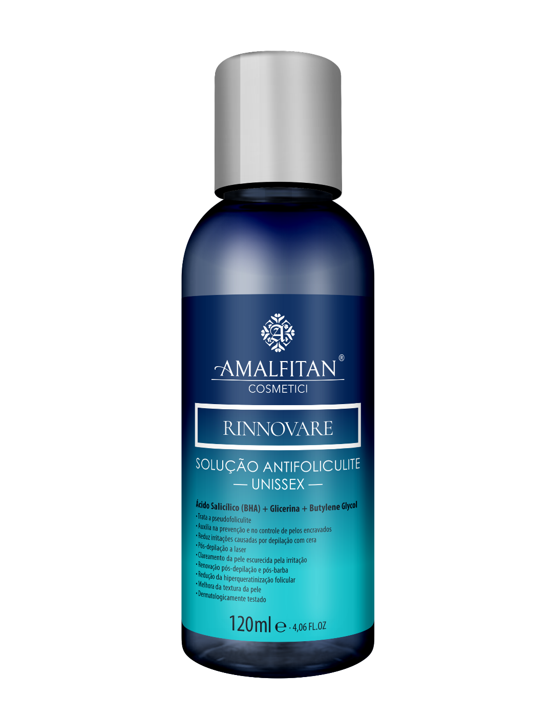 Frasco da Solução Antifoliculite Unissex Rinnovatore Amalfitan Cosmetici de 120ml, indicado para tratamento pós-depilação e controle de pelos encravados